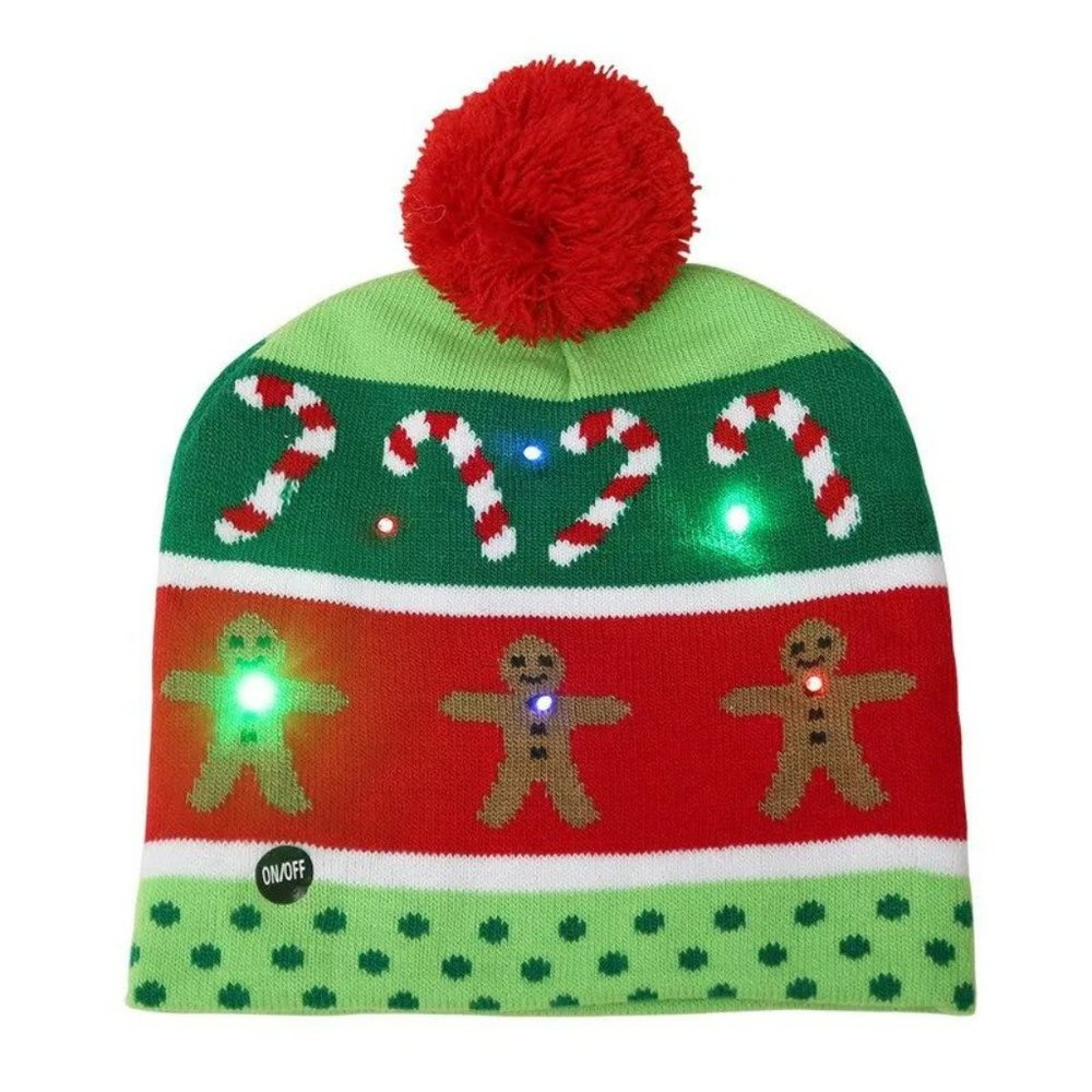 2X HOST PICK Holiday Hat Gingerbread Man ADULT LED Beanie Pompom - Picture 4 of 4